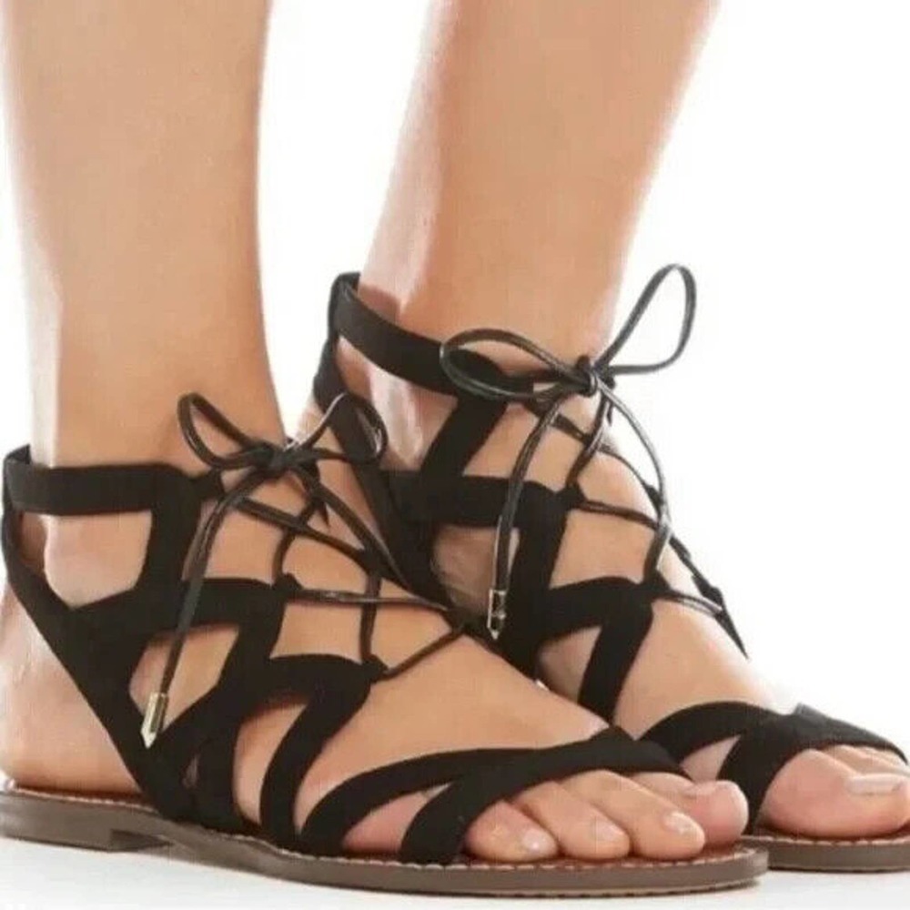 Sam Edelman GEMMA Sandal Caged Black Suede Gladiator Strappy Flat Open Toe 7.5